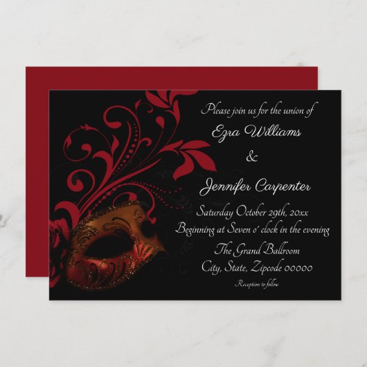 Invitation Mariage de mascarade Floral Rouge (Devant / Derrière)