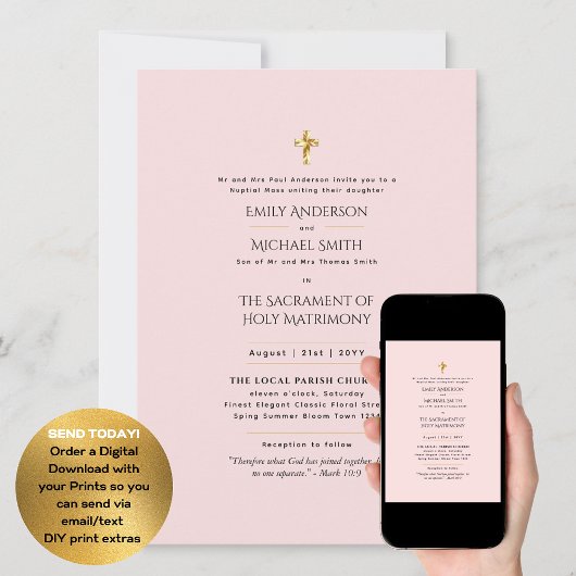 Invitation Mariage de masse catholique rose pâle