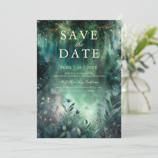 Invitation Mariage de mauve vert de la forêt enchantée Enregi (Debout devant)