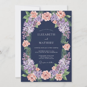Invitation Mariage de minuit au corail et lilas eucalyptus
