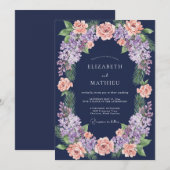 Invitation Mariage de minuit au corail et lilas eucalyptus (Devant / Derrière)