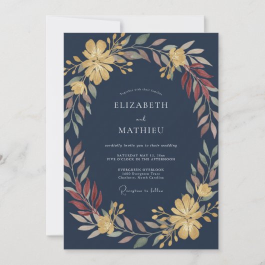 Invitation Mariage de minuit au feuillage de moutarde grise E (Devant)