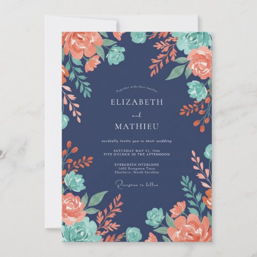 Invitation Mariage de minuit aux feuilles de corail (Devant)