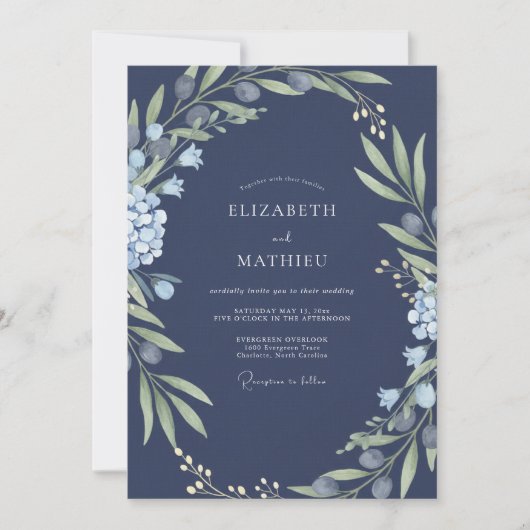Invitation Mariage de minuit azur feuillage sage (Devant)