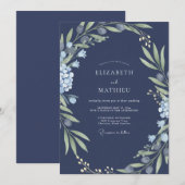 Invitation Mariage de minuit azur feuillage sage (Devant / Derrière)