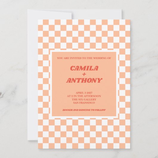 Invitation Mariage de modèle de Gingham rouge Peach Fuzz (Devant)