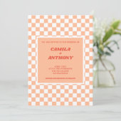 Invitation Mariage de modèle de Gingham rouge Peach Fuzz (Debout devant)