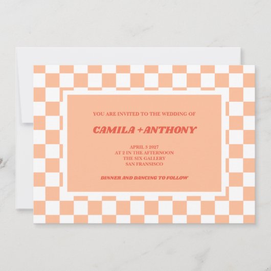 Invitation Mariage de modèle de Gingham rouge Peach Fuzz (Devant)