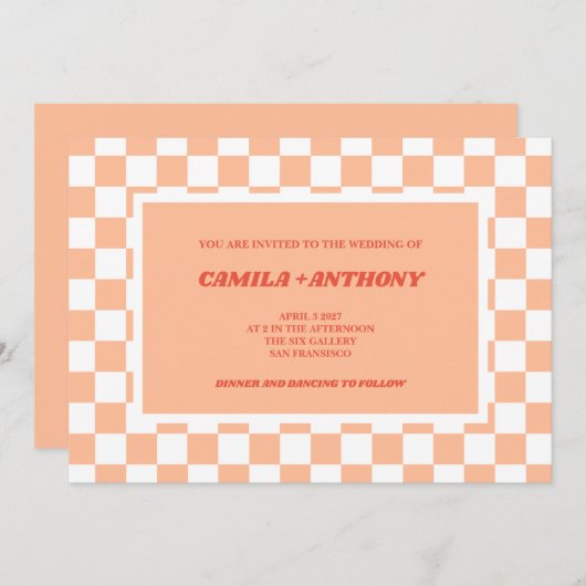 Invitation Mariage de modèle de Gingham rouge Peach Fuzz (Devant / Derrière)