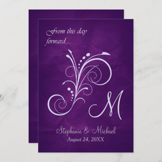 Invitation Mariage de monogramme à balayage d'argent violet (Devant / Derrière)