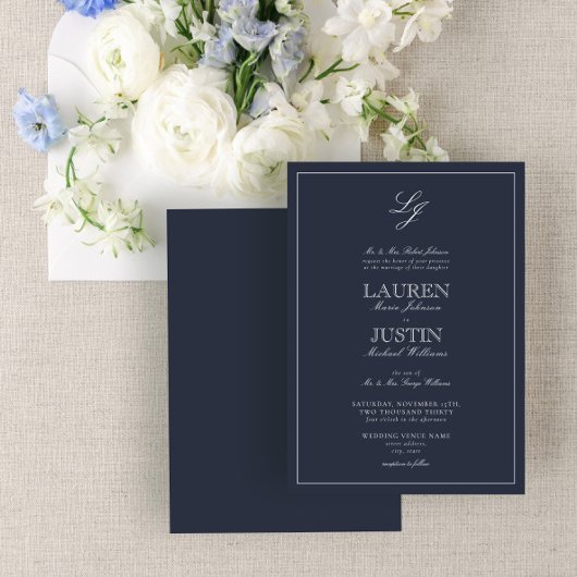 Invitation Mariage de monogramme bleu de la marine classique