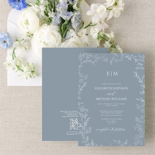 Invitation Mariage de monogramme bleu Dusty de la feuille de