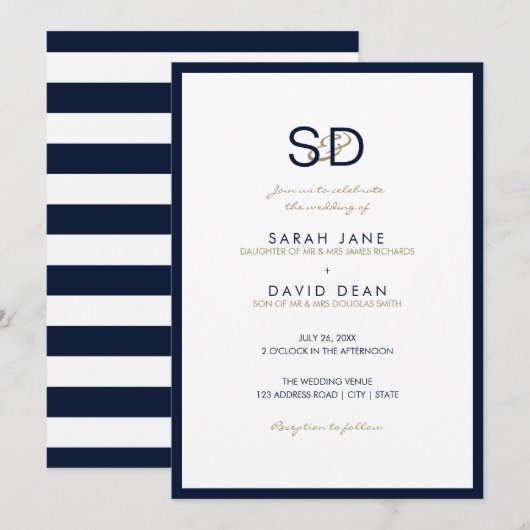 Invitation Mariage de monogramme bleu et blanc de la marine (Devant / Derrière)