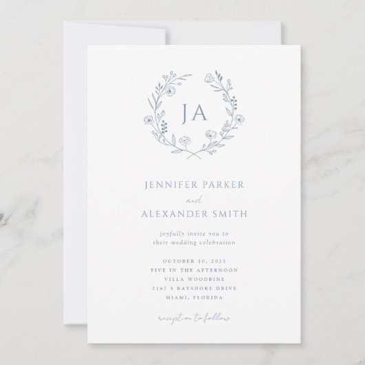 Invitation Mariage de monogramme bleu foncé (Devant)