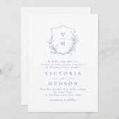 Invitation Mariage de monogramme bleu simple de crête botaniq (Devant / Derrière)