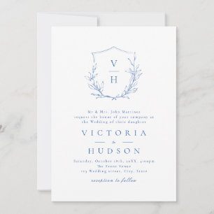 Invitation Mariage de monogramme bleu simple de crête botaniq