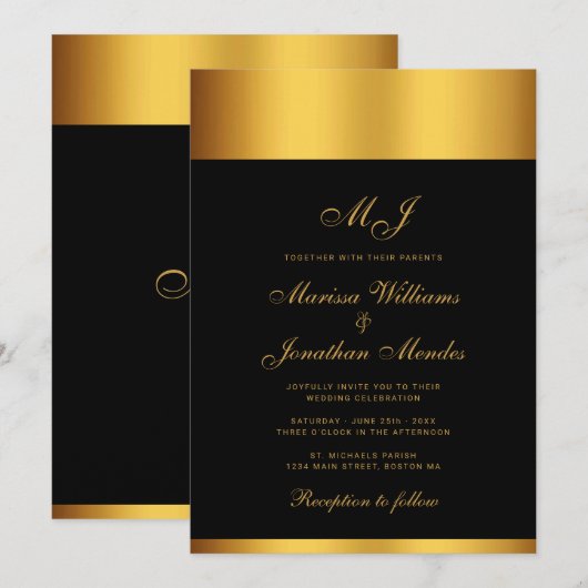 Invitation Mariage de Monogramme Bordure Noir de luxe (Devant / Derrière)