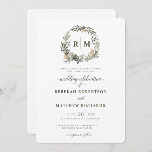 Invitation Mariage de monogramme botanique blanc (Devant / Derrière)