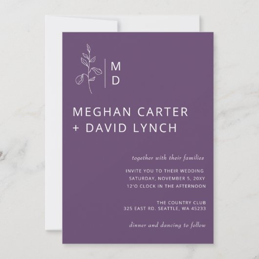 Invitation Mariage de monogramme botanique pourpre (Devant)