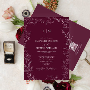 Invitation Mariage de monogramme Bourgogne à feuilles élégant