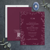 Invitation Mariage de monogramme Bourgogne à feuilles élégant
