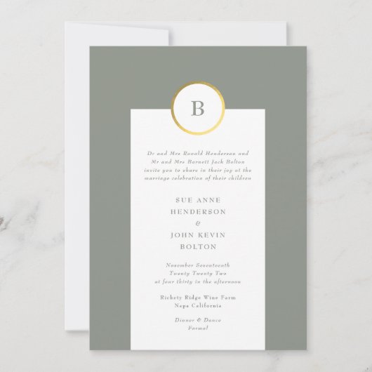 Invitation Mariage de monogramme circulaire Sage Green et Gol (Devant)