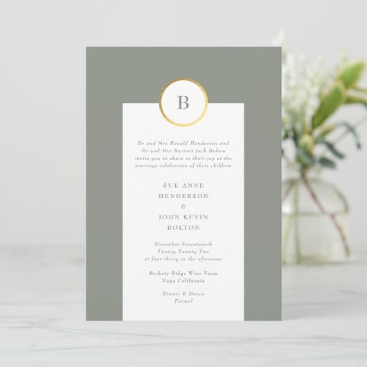 Invitation Mariage de monogramme circulaire Sage Green et Gol (Debout devant)