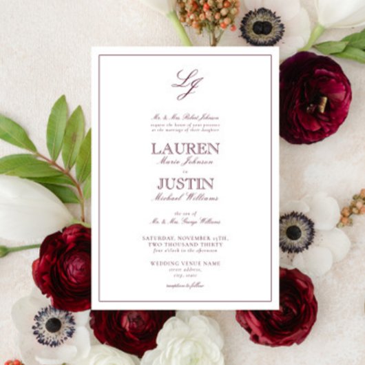 Invitation Mariage de monogramme classique en Bourgogne