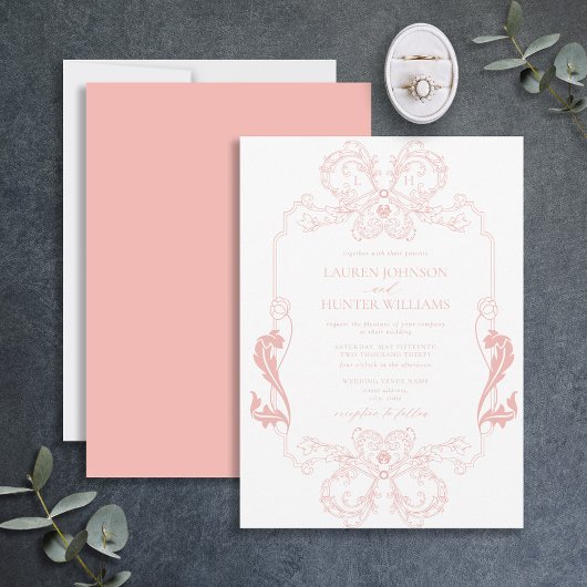 Invitation Mariage de monogramme d'art de la ligne florale ro