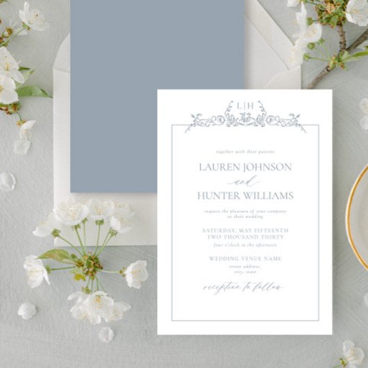 Invitation Mariage de monogramme de bordure bleu-dusty
