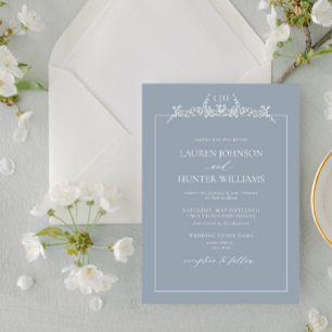 Invitation Mariage de monogramme de bordure bleu-dusty