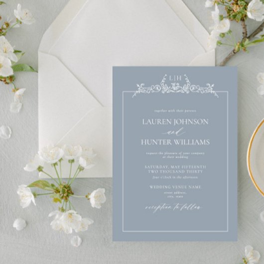 Invitation Mariage de monogramme de bordure bleu-dusty