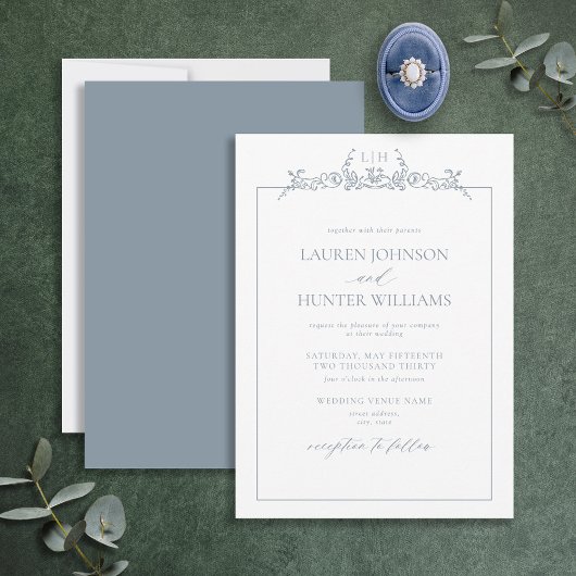 Invitation Mariage de monogramme de bordure bleu-dusty