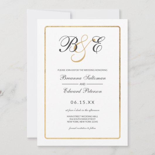 Invitation Mariage de monogramme de bordure en or blanc simpl (Devant)