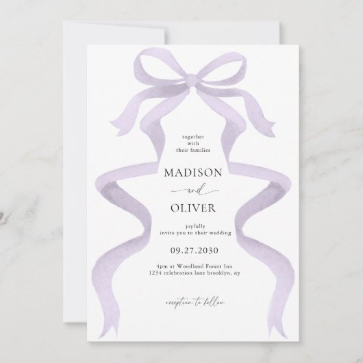Invitation Mariage de Monogramme de Bow violet élégant modern (Devant)