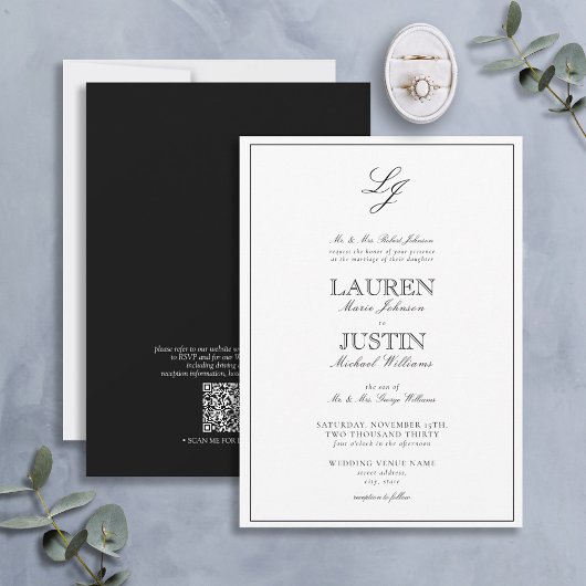 Invitation Mariage de monogramme de code QR classique
