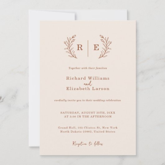 Invitation Mariage de monogramme de couronne botanique minima (Devant)