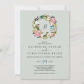 Invitation Mariage de monogramme de couronne florale peinte (Devant)