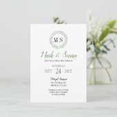 Invitation Mariage de monogramme de couronne verte (Debout devant)