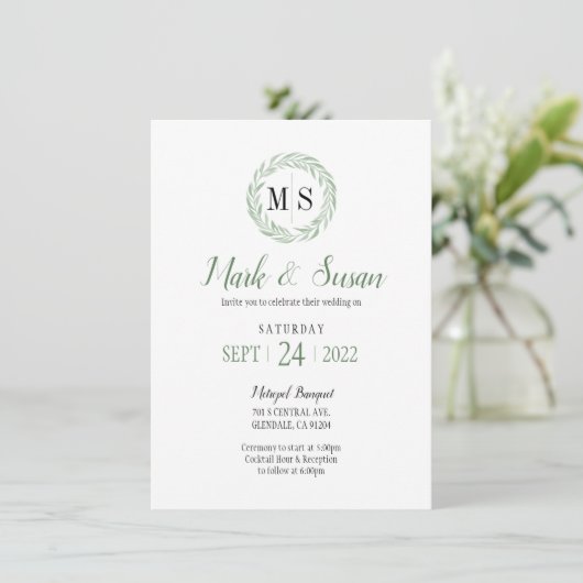 Invitation Mariage de monogramme de couronne verte (Debout devant)
