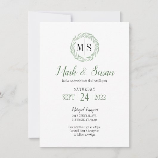 Invitation Mariage de monogramme de couronne verte (Devant)