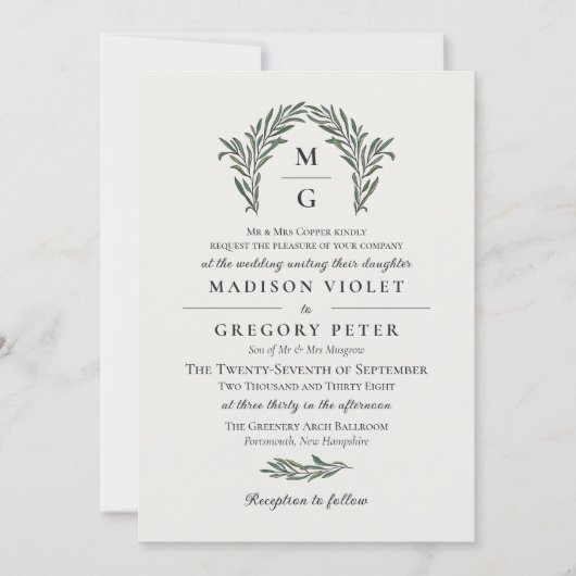 Invitation Mariage de monogramme de couronne verte blanche (Devant)