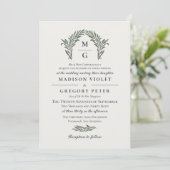 Invitation Mariage de monogramme de couronne verte blanche (Debout devant)