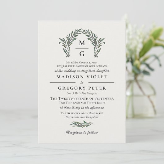 Invitation Mariage de monogramme de couronne verte blanche (Debout devant)