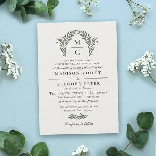 Invitation Mariage de monogramme de couronne verte blanche