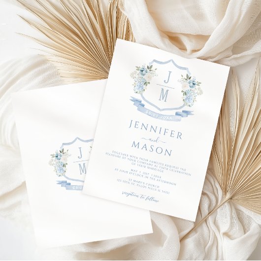 Invitation Mariage de monogramme de crête florale bleu clair