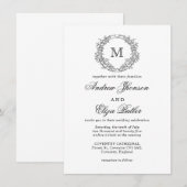 Invitation Mariage de monogramme de crête florale noire et bl (Devant / Derrière)