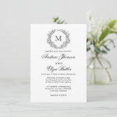 Invitation Mariage de monogramme de crête florale noire et bl (Debout devant)