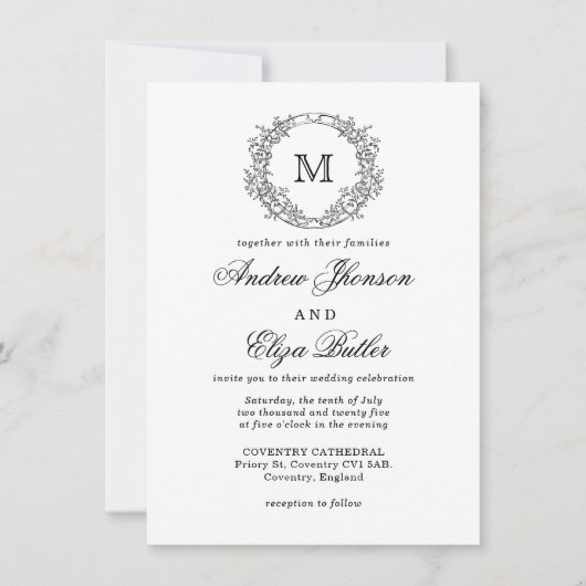 Invitation Mariage de monogramme de crête florale noire et bl (Devant)