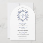 Invitation Mariage de monogramme de crête vintage bleue (Devant)